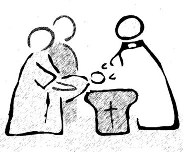 Familie mit Kind am Taufbecken