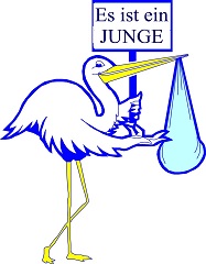 Storch mit Schild: Es ist ein Junge