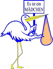 Storch mit Schild: Es ist ein Mädchen