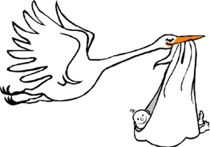 Zeichnung: Storch trägt Baby herbei