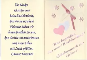 Glückwunschkarte zur Geburt gebastelt mit Schleife und Herz - pink