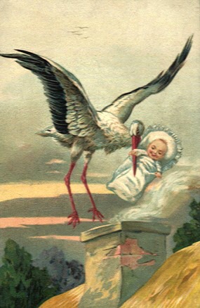 Altes Gemälde: Storch bringt Baby durch Kamin