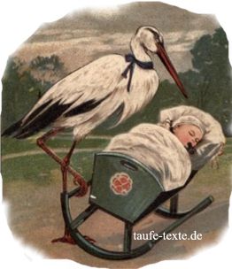 Alte Karte: Storch mit Baby in Kinderwiege