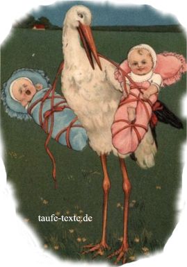 Alte Postkarte: Storch trägt zwei Säuglinge - Zwillinge