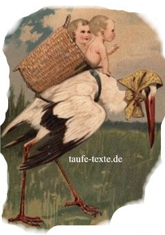 Historische Babykarte: Storch transportiert Zwillinge im Lastenkorb