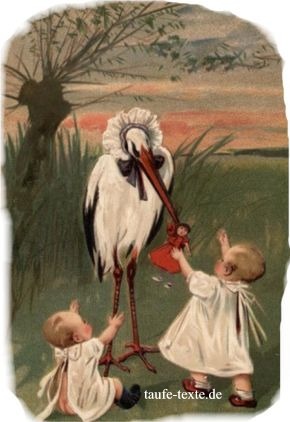 Alte Postkarte: Babys begrüßen den Storch